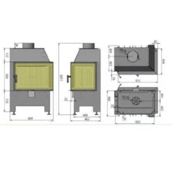 Heatro 55P Eck-Kamineinsatz 9kW Rechtsverglast -Heizungsanlagen Kamineinsatz Hajduk Heatro 55P Masszeichnung 1280x1280