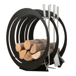 Designer Runde Holzablage Mit Kaminbesteck Schwarz
