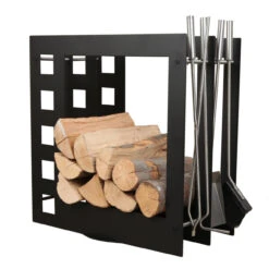 Designer Quadratische Holzablage Mit Kaminbesteck Schwarz